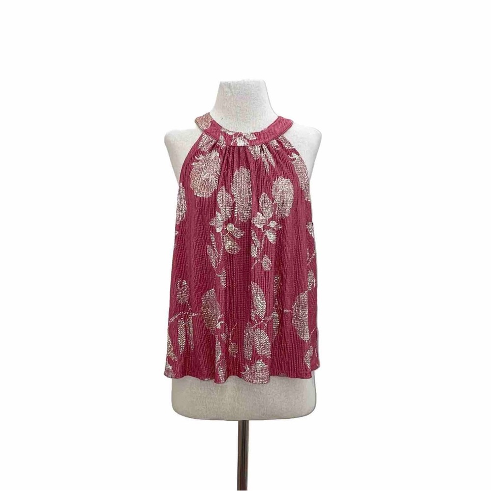 Anthropologie Feather Bone Pink/Gold Mauve Sparkly Floral Halter Top Size Large